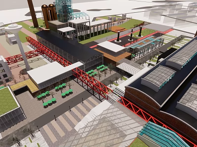 Modern Commercial Street With Red Pedestrian Bridges Green Roofs And Outdoor Seating 3d model