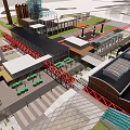 Modern Commercial Street With Red Pedestrian Bridges Green Roofs And Outdoor Seating