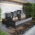 Tiered Water Fountain in Modern Outdoor Space with Bamboo Plants Landscape Painting Wall and Subtle Lighting