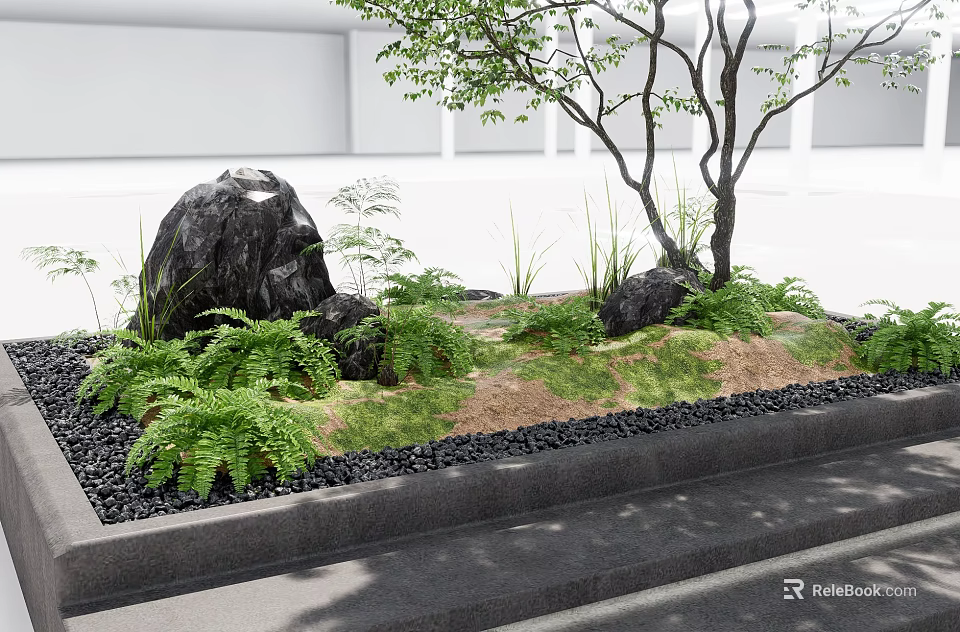 Tranquil Courtyard Garden With Black Rocks Tree Ferns Grass Black Pebbles And Stone Steps 3d model 