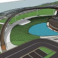 Modern Curved Architectural Structure With Metal Frame And Wooden Canopy Over Green Landscape