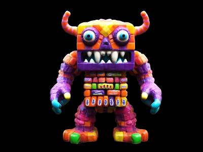Colorful Block Built Monster Toy with Horns Big Eyes and Sharp Teeth 3d model
