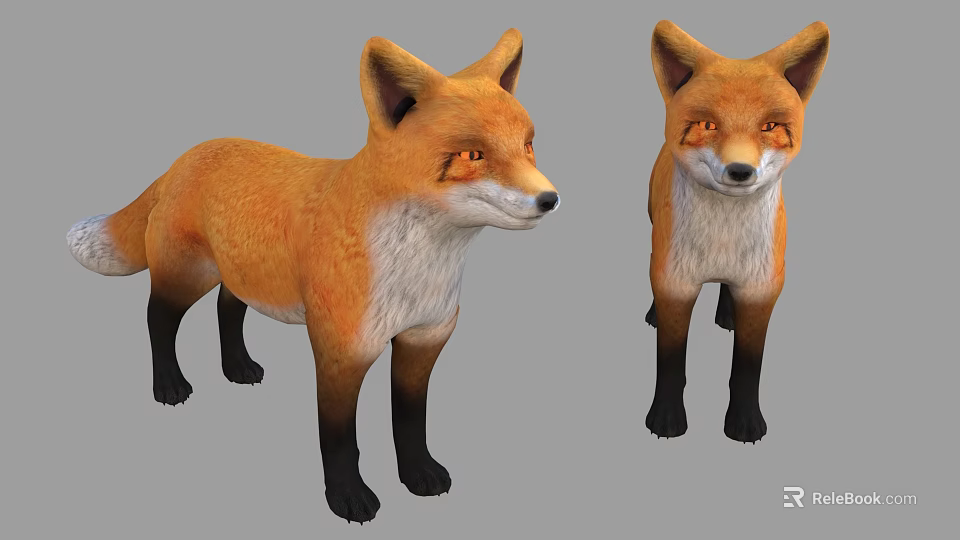 Two Cute Foxes 3D Models With Orange And White Fur Black Legs On Grey Background 3d model 