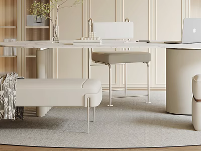 Modern Minimalist Interior With Light Colored Table And Chairs Set Featuring Metal Legs And Laptop 3d model