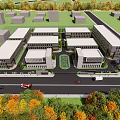 Modern Industrial Factory With Two Symmetric Buildings Central Water Pond Greenery And Pathway
