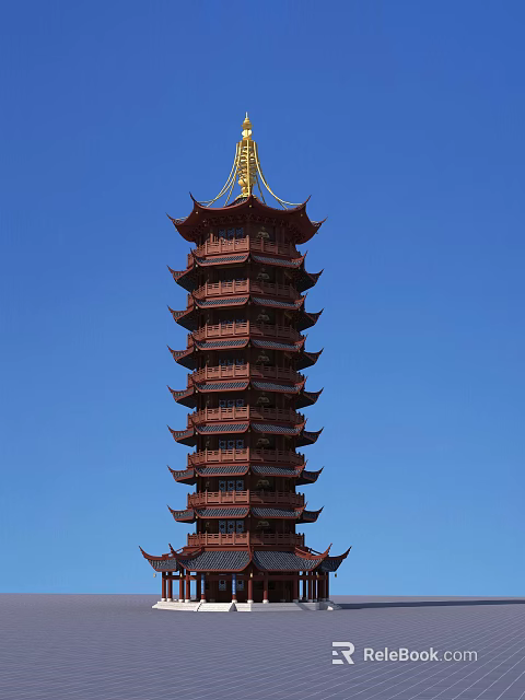 Traditional Chinese Multi Story Tower With Golden Top And Blue Sky Background View 3d model 