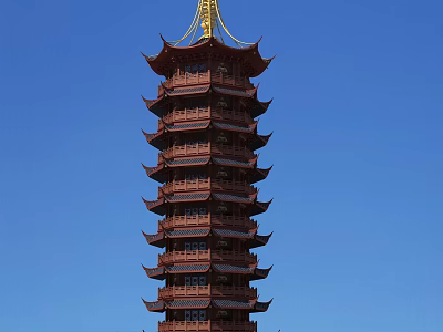 Traditional Chinese Multi Story Tower With Golden Top And Blue Sky Background View 3d model