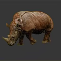 A Brownish Rhinoceros with Textured Skin in Walking Posture Against White Background and Reflective Ground
