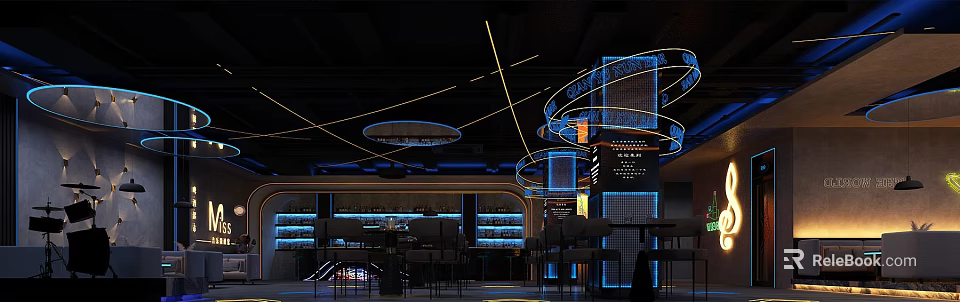 Modern Bar Interior Design With Neon Lighting Bar Counter Wine Racks And Seating 3d model 