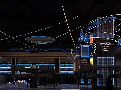Modern Bar Interior Design With Neon Lighting Bar Counter Wine Racks And Seating 3d model
