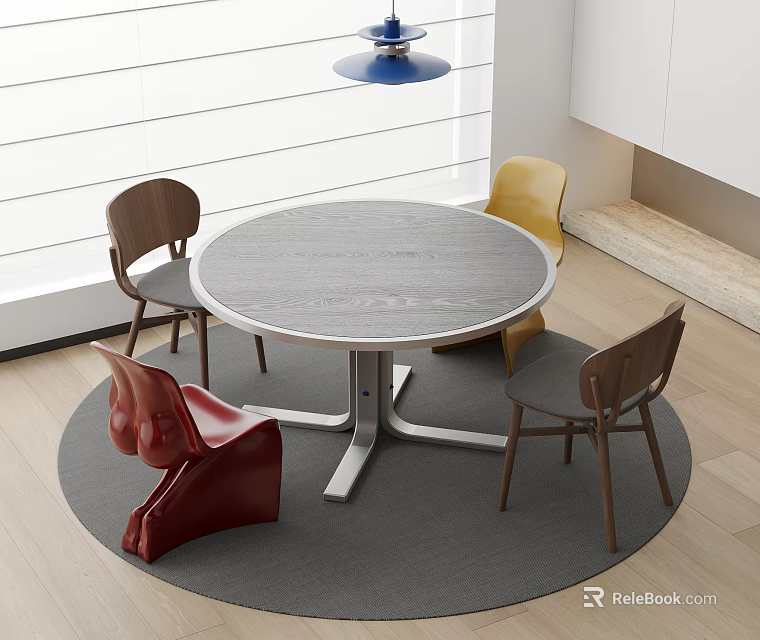 Gray Round Table With Brown Yellow Red Chairs Set On Gray Rug And Blue Pendant 3d model 