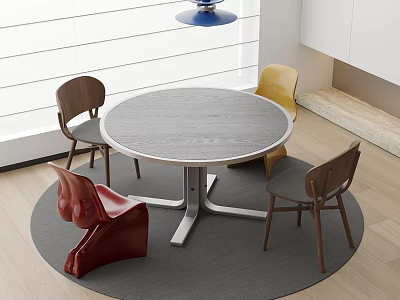 Gray Round Table With Brown Yellow Red Chairs Set On Gray Rug And Blue Pendant 3d model