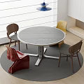 Gray Round Table With Brown Yellow Red Chairs Set On Gray Rug And Blue Pendant