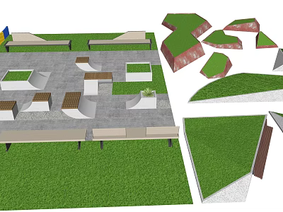 Outdoor Chairs In Skate Park Leisure Area With Green Grass Terrain 3d model