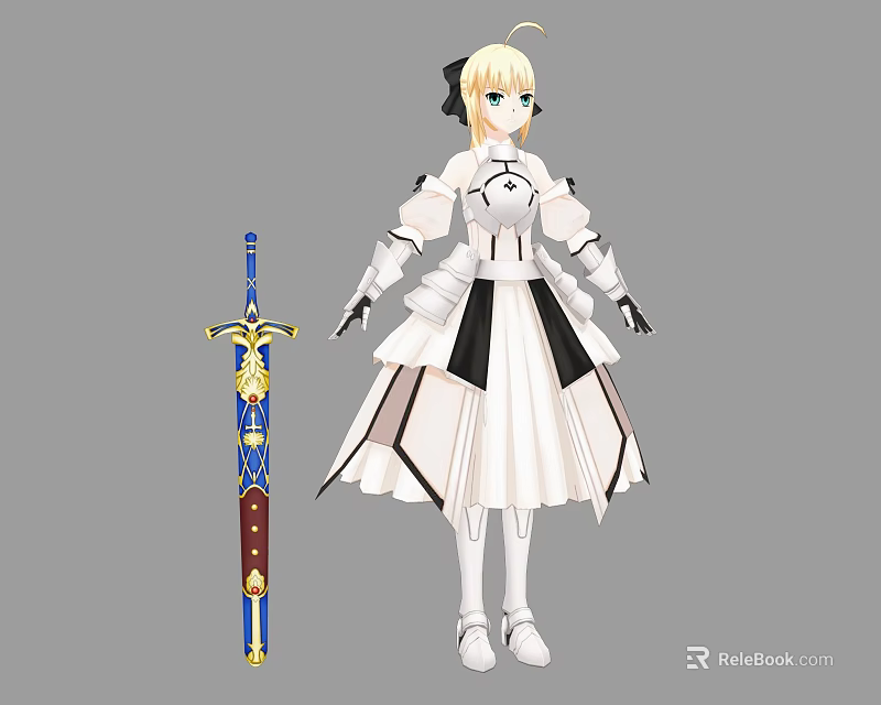 Game Anime Character With Blonde Hair White Black Dress Holding Blue Sword 3d model 