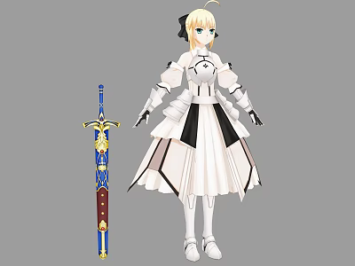 Game Anime Character With Blonde Hair White Black Dress Holding Blue Sword 3d model
