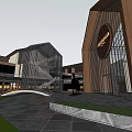 Traditional Style Commercial Street With Central Plaza Shops And Water Feature Layout