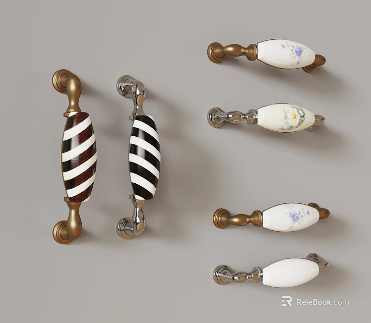Decorative Drawer Pulls Featuring Striped Ceramic Design And Metal Base With Floral Patterns 3d model