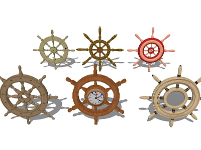 Decorative Ship Wheels In Various Styles With Wooden Frames And Clock Design 3d model