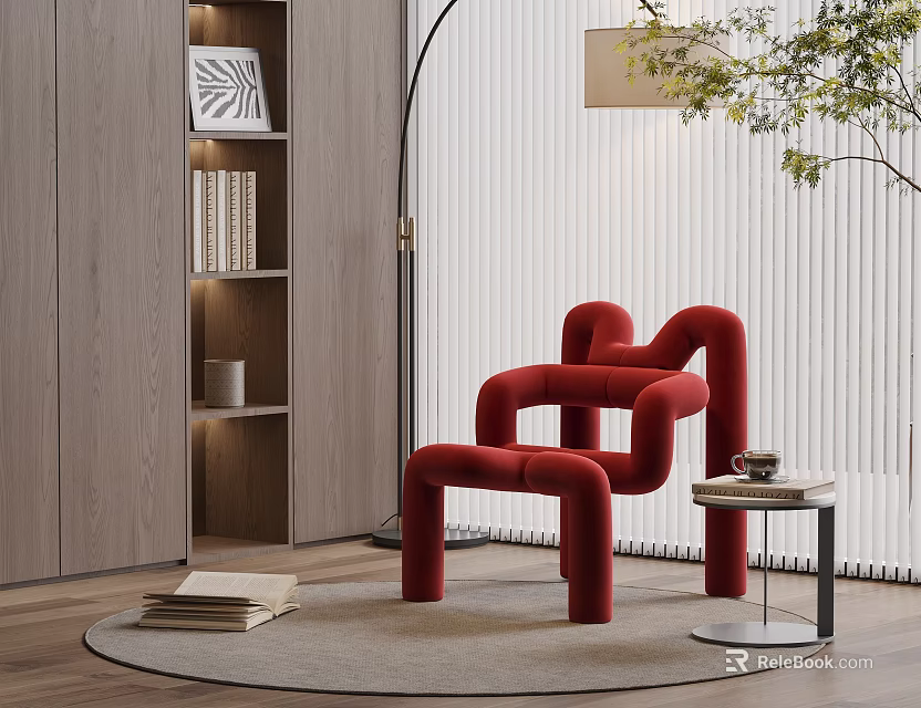 Modern Red Curved Accent Chair In Living Room With Floor Lamp Round Rug Side Table 3d model 