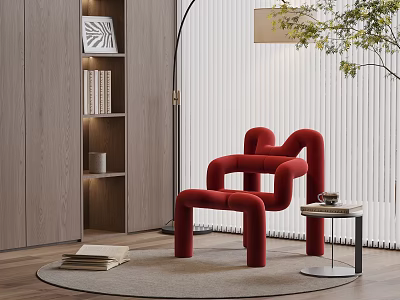 Modern Red Curved Accent Chair In Living Room With Floor Lamp Round Rug Side Table 3d model