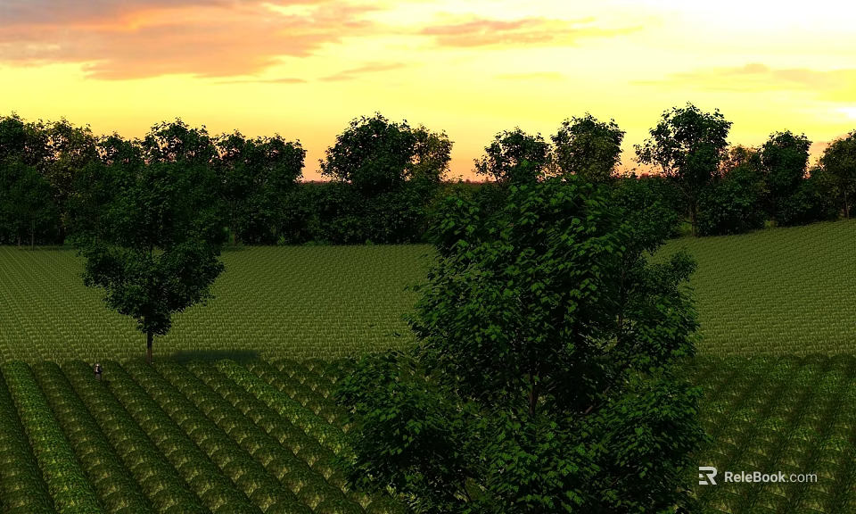 Durable Sliding Door With Scenic Sunset Field And Green Trees View 3d model 