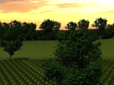 Durable Sliding Door With Scenic Sunset Field And Green Trees View 3d model