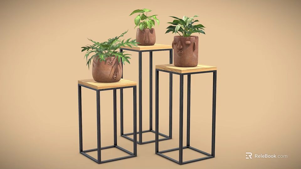Bonsai Potted Plants On Black Metal Stands With Brown Face Carved Pots And Green Foliage 3d model 