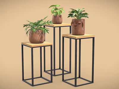 Bonsai Potted Plants On Black Metal Stands With Brown Face Carved Pots And Green Foliage 3d model