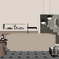 Modern Beige Bathtub Interior Design With Cabinets Wall Decor And Pendant Lights