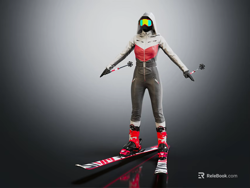 Skier In Full Ski Suit With Helmet Standing On Skis Ready For Action 3d model 