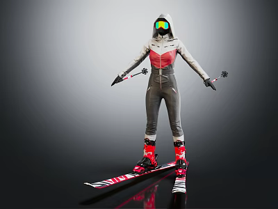 Skier In Full Ski Suit With Helmet Standing On Skis Ready For Action 3d model