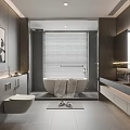 Modern Luxury Gray Bathroom With Bathtub Double Vanity Large Mirror Blinds And Wall Mounted Toilet
