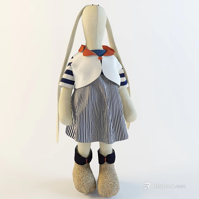 Adorable Stuffed Rabbit Doll Wearing Striped Dress White Collar Orange Bow And Black Shoes 3d model 