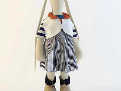 Adorable Stuffed Rabbit Doll Wearing Striped Dress White Collar Orange Bow And Black Shoes 3d model