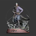 Elderly White Haired Samurai With Sword And Small Creatures On Red Base