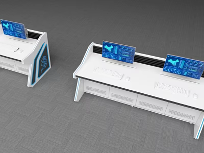 Modern Control Console Workstation With Dual Monitor Screens And Blue Digital Displays 3d model