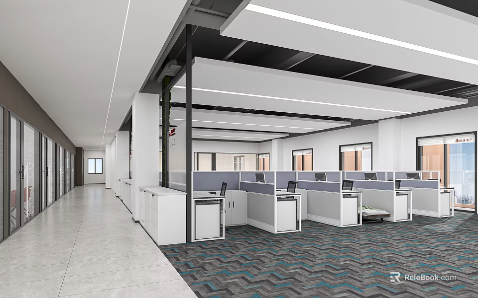 Public Office Space With Modern Open Layout Cubicles Glass Partitions And Strip Lights 3d model 