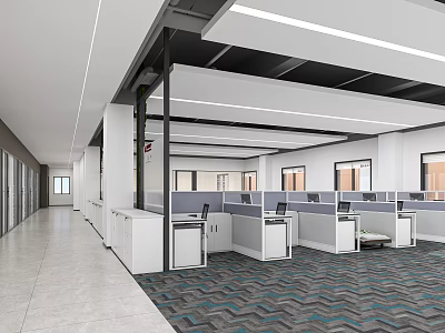 Public Office Space With Modern Open Layout Cubicles Glass Partitions And Strip Lights 3d model