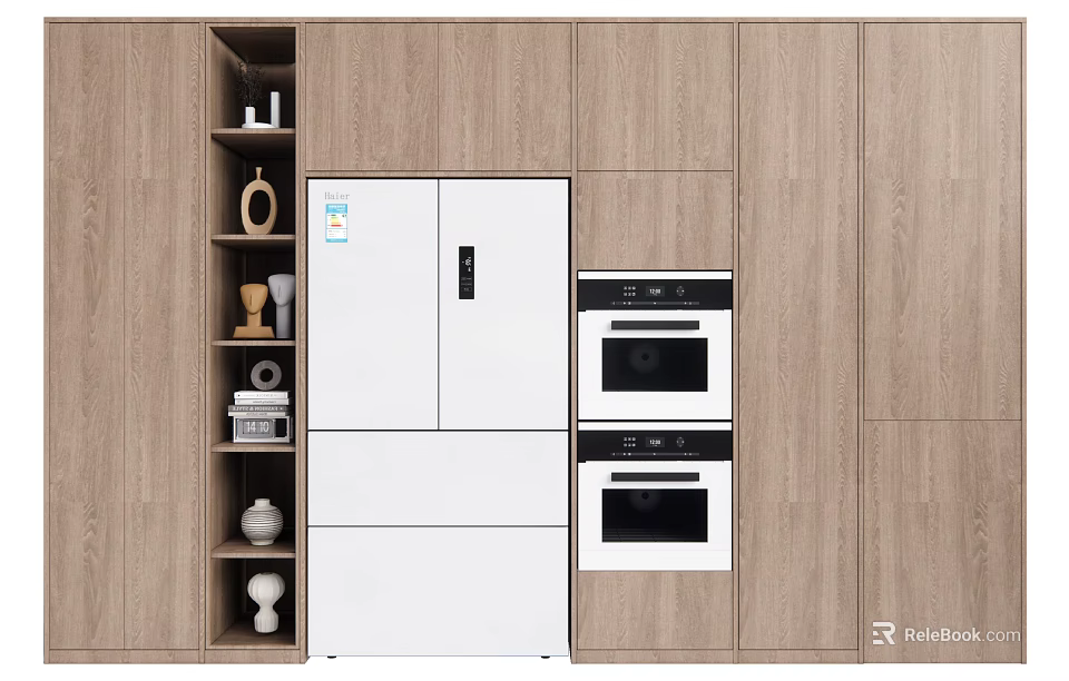Modern Wooden Kitchen Cabinets With Open Shelves Refrigerator And Built in Ovens 3d model 
