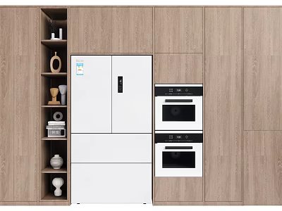 Modern Wooden Kitchen Cabinets With Open Shelves Refrigerator And Built in Ovens 3d model