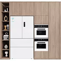 Modern Wooden Kitchen Cabinets With Open Shelves Refrigerator And Built in Ovens