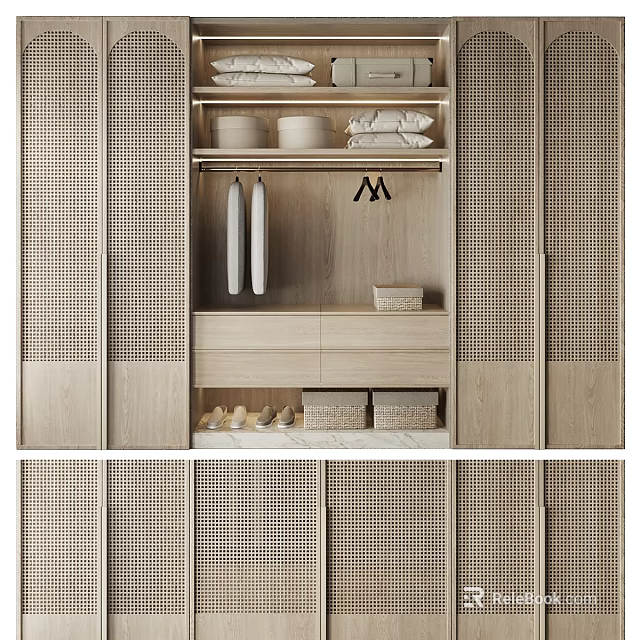 Modern Natural Light Wood Wardrobe Design With Hanging Folded Clothes And Storage Baskets 3d model 