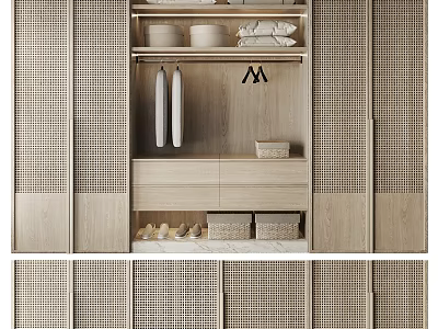 Modern Natural Light Wood Wardrobe Design With Hanging Folded Clothes And Storage Baskets 3d model
