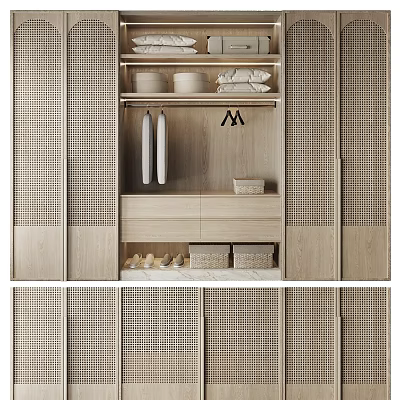 Modern Natural Light Wood Wardrobe Design With Hanging Folded Clothes And Storage Baskets 3d model