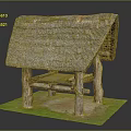 Traditional Thatched Roof Hut With Wooden Pillars On Grass And Sand Base