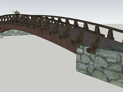 Wooden Landscape Bridge With Stone Wall Piers And Railings Design Structure 3d model