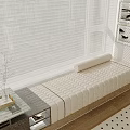 Cozy Window Seat with Beige Padded Cushion White Blinds and Framed