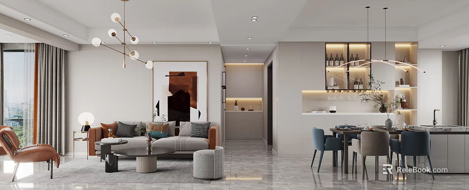 Elegant Modern Dining and Living Room Interior With Sofa Dining Table Pendant Light and Artwork 3d model