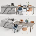 Modern Dining Table Set With Marble Island Blue Brown Chairs And Decorative Table Items